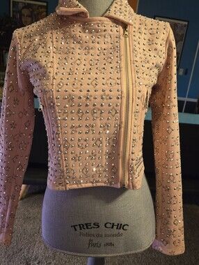 NWT Vinizbena Pink Rhinestone Studded Cropped Motorcycle Jacket Designd In Italy